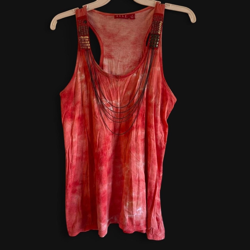 ELLE Red/Orange Tye-Dye Tank Top w/ Beaded Embellishments & Bronze Chains Size M